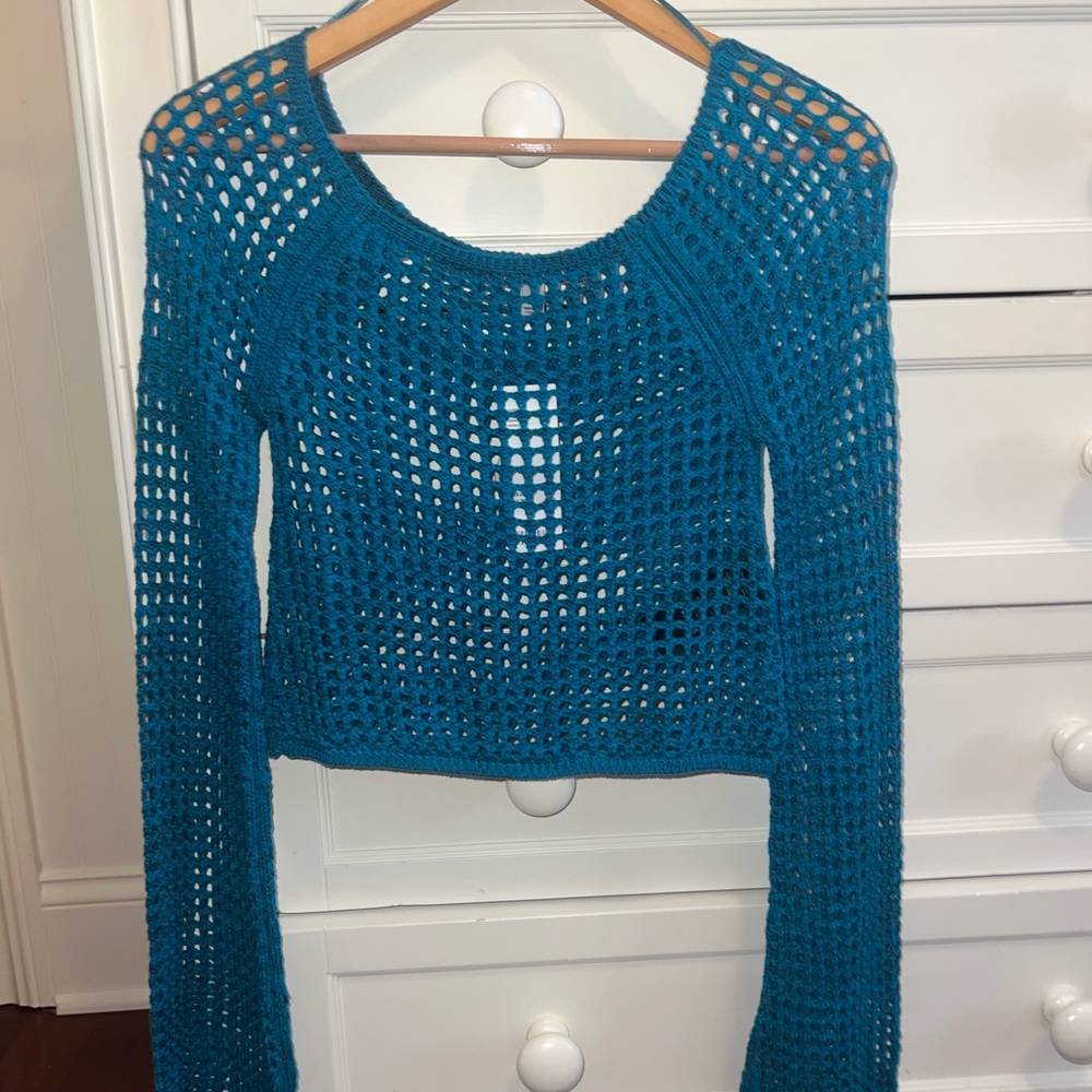 NWT Urban Outfitters Teal Crochet Knit Sweater